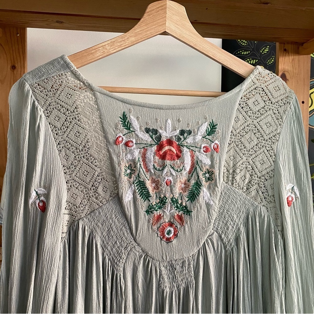 Free People Soft Mint Green Embroidered Mohave Mini Dress Small - Picture 7 of 16